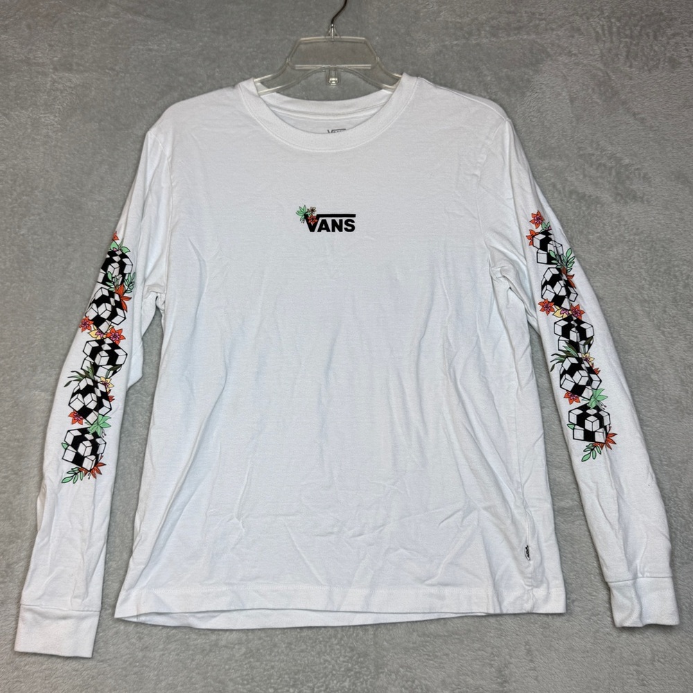VANS Off the Wall Floral Checker White Longsleeve T-Shirt Womens Size Medium Y2K